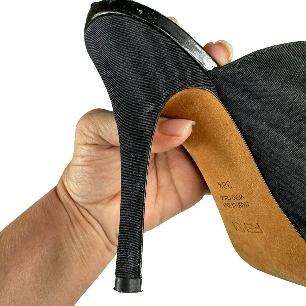 Fendi Designer Shoes Black Satin Open Toes Sandals 38.5 /‎ 7.5